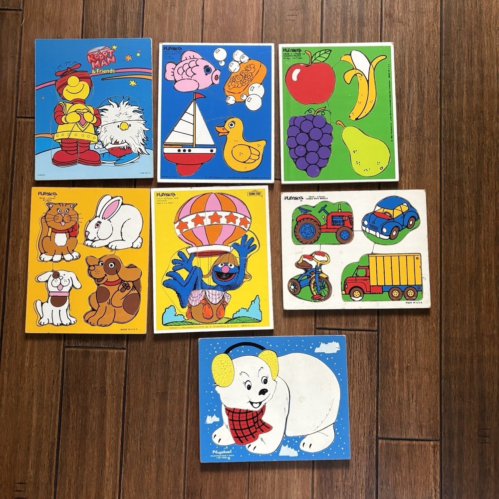 Lot of 8 Vintage Playskool Wooden Peg Puzzles Complete Grover Robotman USA